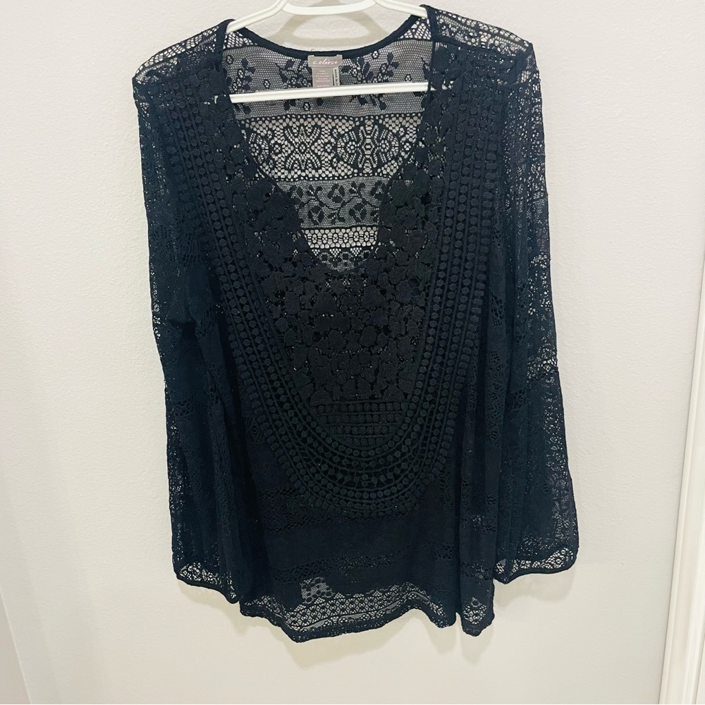 C. Oliver Black Sheer Lace Long Sleeve Boho Top Womens Size XL